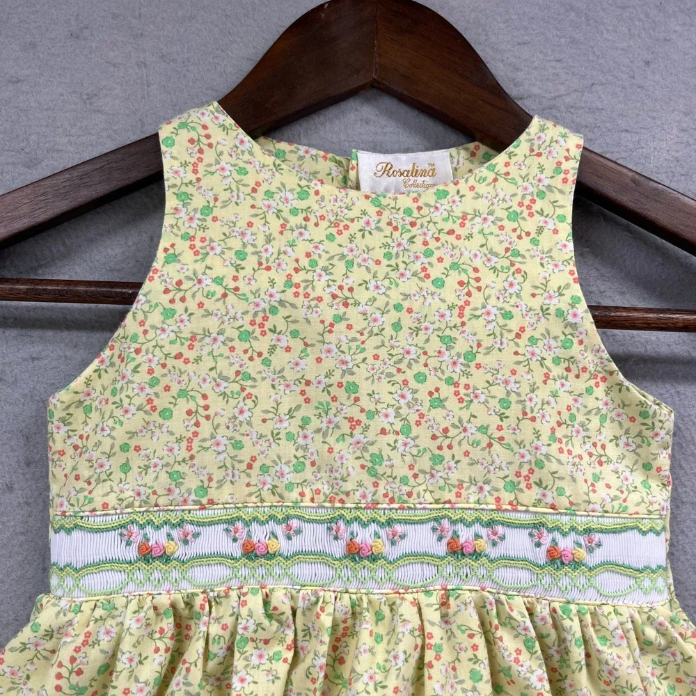 Rosalina Dress Girls 2T Yellow Floral Sleeveless Smocked Cottagecore Spring